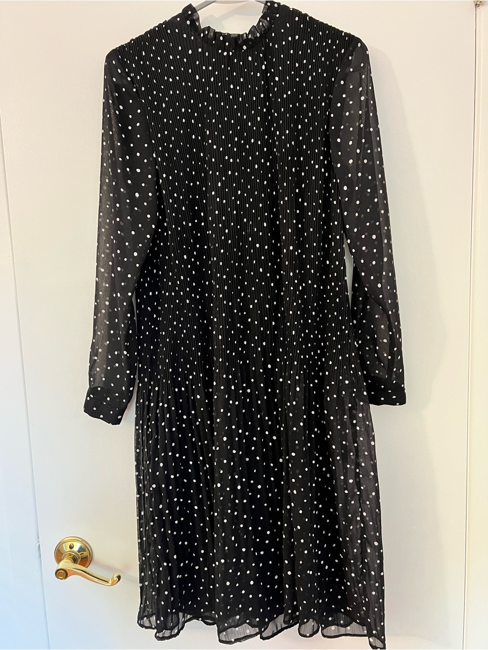 H&M Black Pleated Dress with White Polka Dots & Sheer Sleeves Size 2